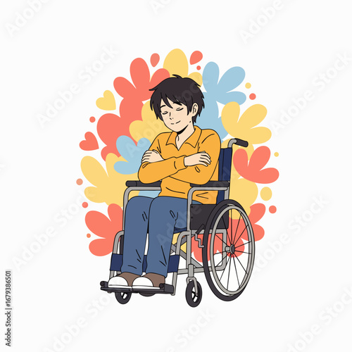 A happy young man with a disability sits peacefully in his wheelchair, surrounded by colorful, abstract shapes representing joy and comfort.