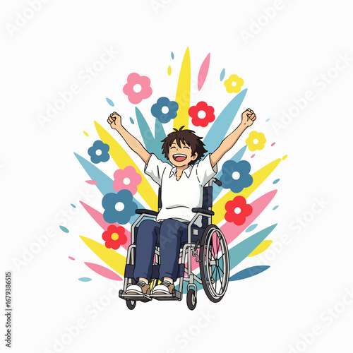 A cheerful young man in a wheelchair celebrates his happiness surrounded by vibrant, abstract floral and leaf shapes, symbolizing joy and triumph.