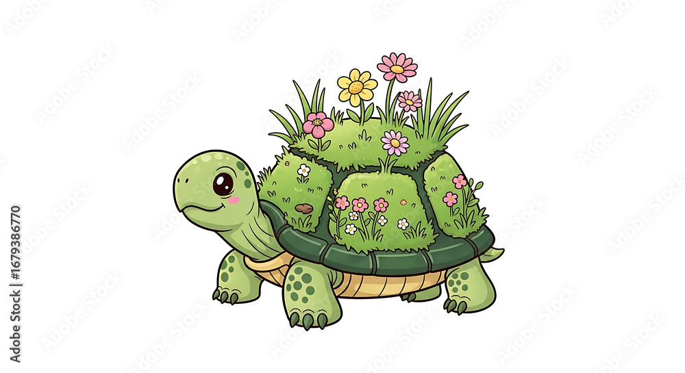 Fototapeta premium Cartoon Style Charming Turtle with Garden Shell Cute Illustration