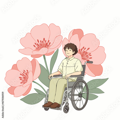 A cheerful young man with a disability happily sits in his wheelchair, surrounded by beautiful blooming pink flowers, symbolizing resilience and positive well-being.