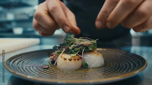 Scallops Being Prepared with Microgreens in Restaurant Kitchen in Studio with Close Up Shot