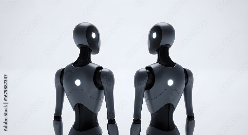 Obraz premium Two sleek dark grey humanoid robots standing on white background AI technology future connection digital