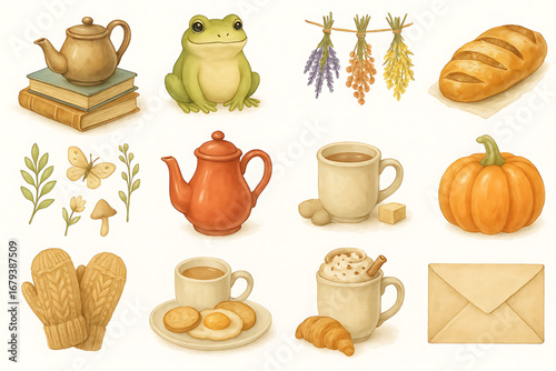 A spooky vector set of Halloween icons for a cafe with tea and coffee cups Cottagecore cozy illustrations