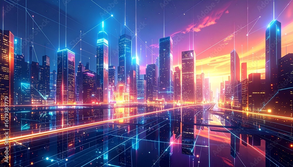 Naklejka premium Abstract geometric shapes connect via glowing lines. Reflections create vibrant, futuristic digital landscape. Complex network, bright colors dominate scene.