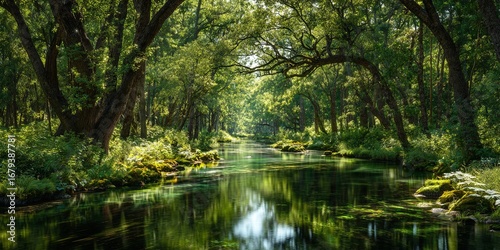 Serpentine River Flowing Through Lush Green Forest in Vibrant Spring Light