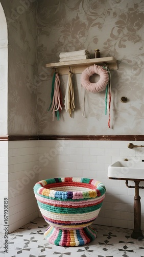 Colorful Crocheted Basket in a Vintage-Styled Bathroom