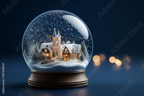 Enchanting winter village captured in a snow globe, sparkling with lights against a serene blue background.