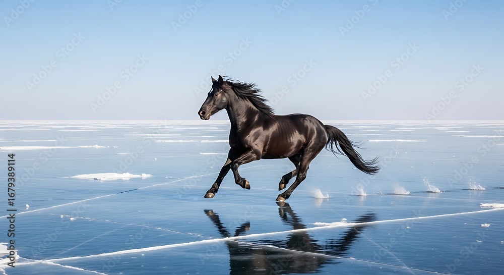 Fototapeta premium A majestic black horse gallops freely across the smooth, frozen surface of a vast lake under a clear blue sky, its reflection mirrored on the ice.