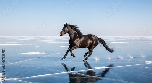 A majestic black horse gallops freely across the smooth, frozen surface of a vast lake under a clear blue sky, its reflection mirrored on the ice.