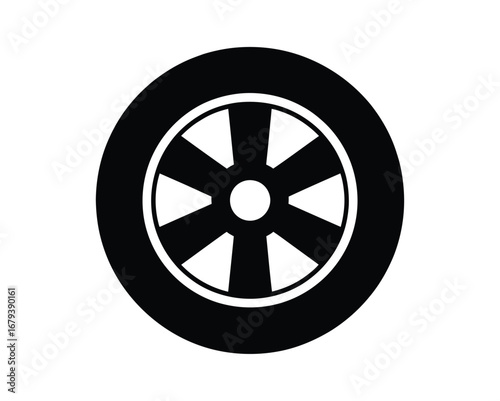 Black tire alloy wheel vector car or automobile icon for apps and websites.