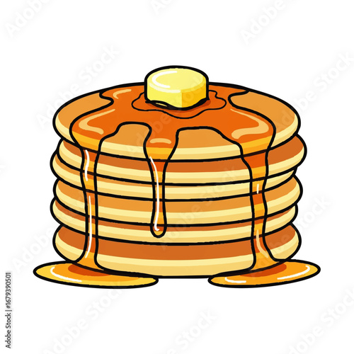 Delicious stack of golden pancakes with melting butter and dripping syrup, perfect for breakfast advertising