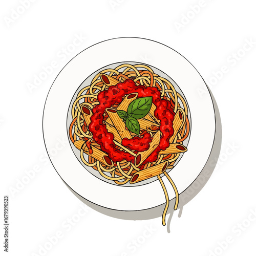 Delicious pasta dish with rich tomato sauce and fresh basil garnish served on a white plate
