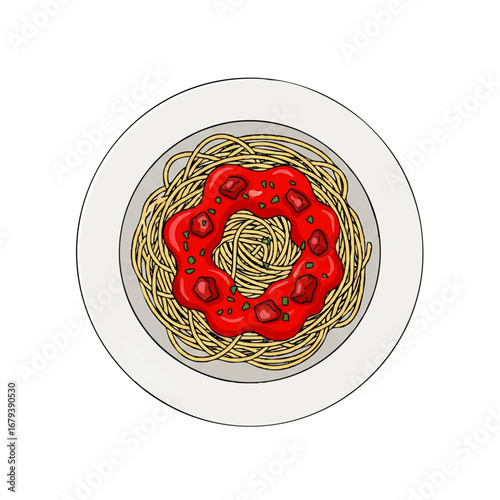Delicious spaghetti with rich tomato sauce and herbs served on a classic white plate, appetizing Italian cuisine