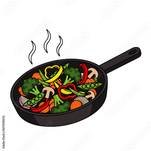 Delicious stir fry vegetables cooking in a pan with vibrant colors and appetizing steam rising up