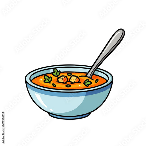 Wholesome bowl of hearty soup with croutons and fresh herbs, ready to enjoy