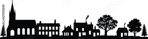 Silhouette illustration of countryside village with church, traditional houses, smoke from chimneys, pine trees, leafy trees, rural landscape skyline vector design