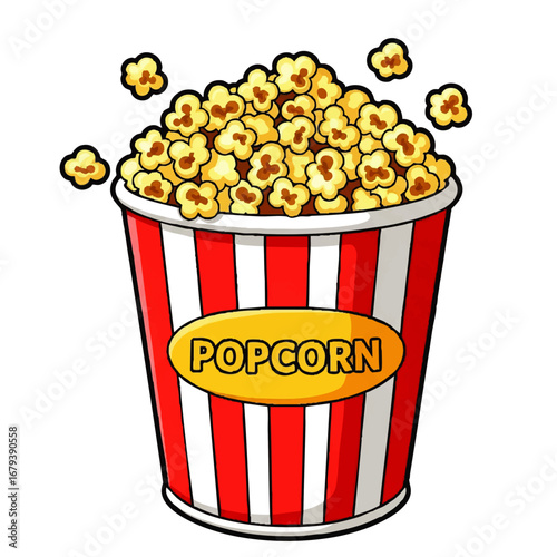 Enjoy delicious popcorn in a classic striped bucket for a fun, vibrant, and tasty snack time illustration
