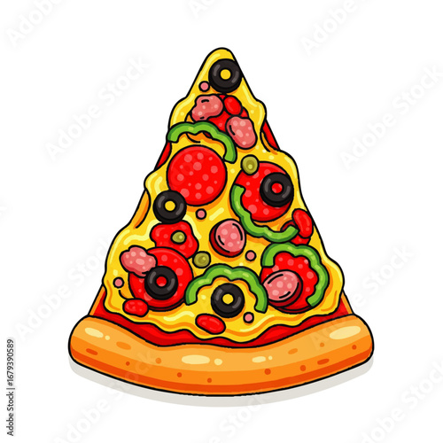 Delicious slice of pizza with pepperoni, olives, and green peppers, a savory treat for any meal