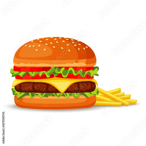 Juicy cheeseburger with fresh lettuce, tomato, and golden fries, perfect for fast food promotions