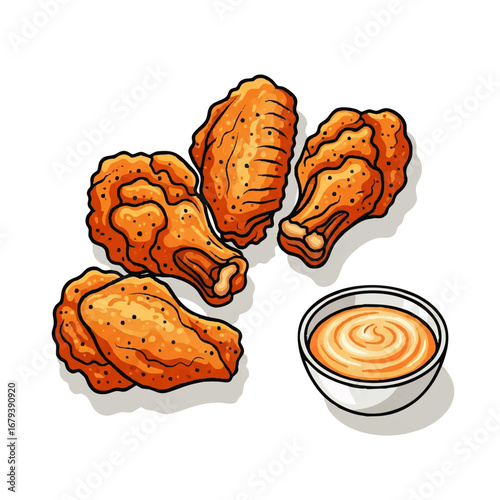 Crispy fried chicken wings with creamy dipping sauce, perfect for snack or appetizer cravings.