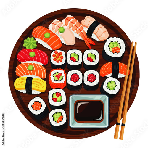 Vibrant assortment of fresh sushi and sashimi served on a wooden platter with chopsticks