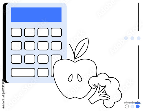 Calculator next to apple and broccoli emphasizing balanced diet, nutrition management, and food tracking. Ideal for health, diet planning, wellness, education, fitness goals, budgeting and healthy