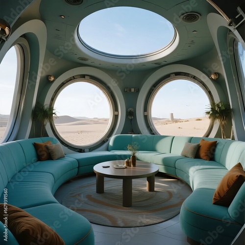 Modern Living Room with Curved Sofa and Large Circular Windows Overlooking a Desert Landscape