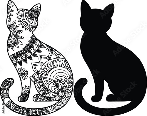 Mandala patterned cat silhouette black white