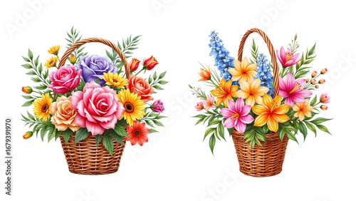 colorful flowers in wicker basket illustration