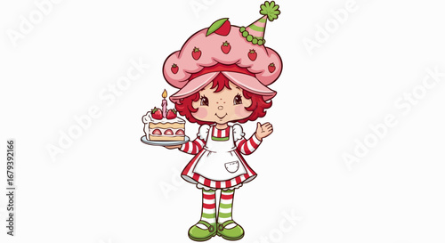 Strawberry Girl Cartoon Character with Cake.
