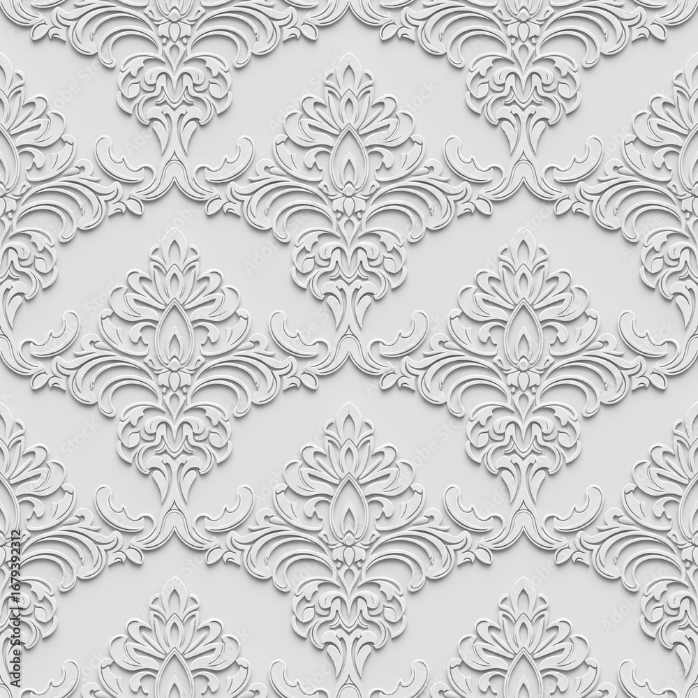 Fototapeta premium A monochrome damask pattern in shades of off-white. The ornate floral motifs appear to be embossed or raised on a clean background, creating a three-dimensional feel. Seamless repeatable texture.