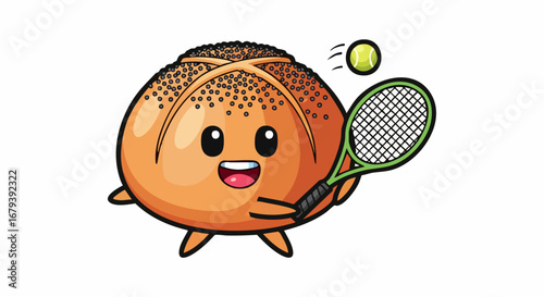 Cute bread character playing tennis with a racket and ball.