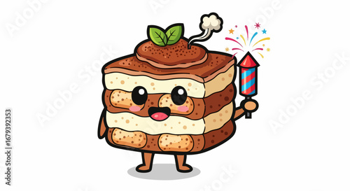 Cute Tiramisu Character Holding a Firework Rocket.