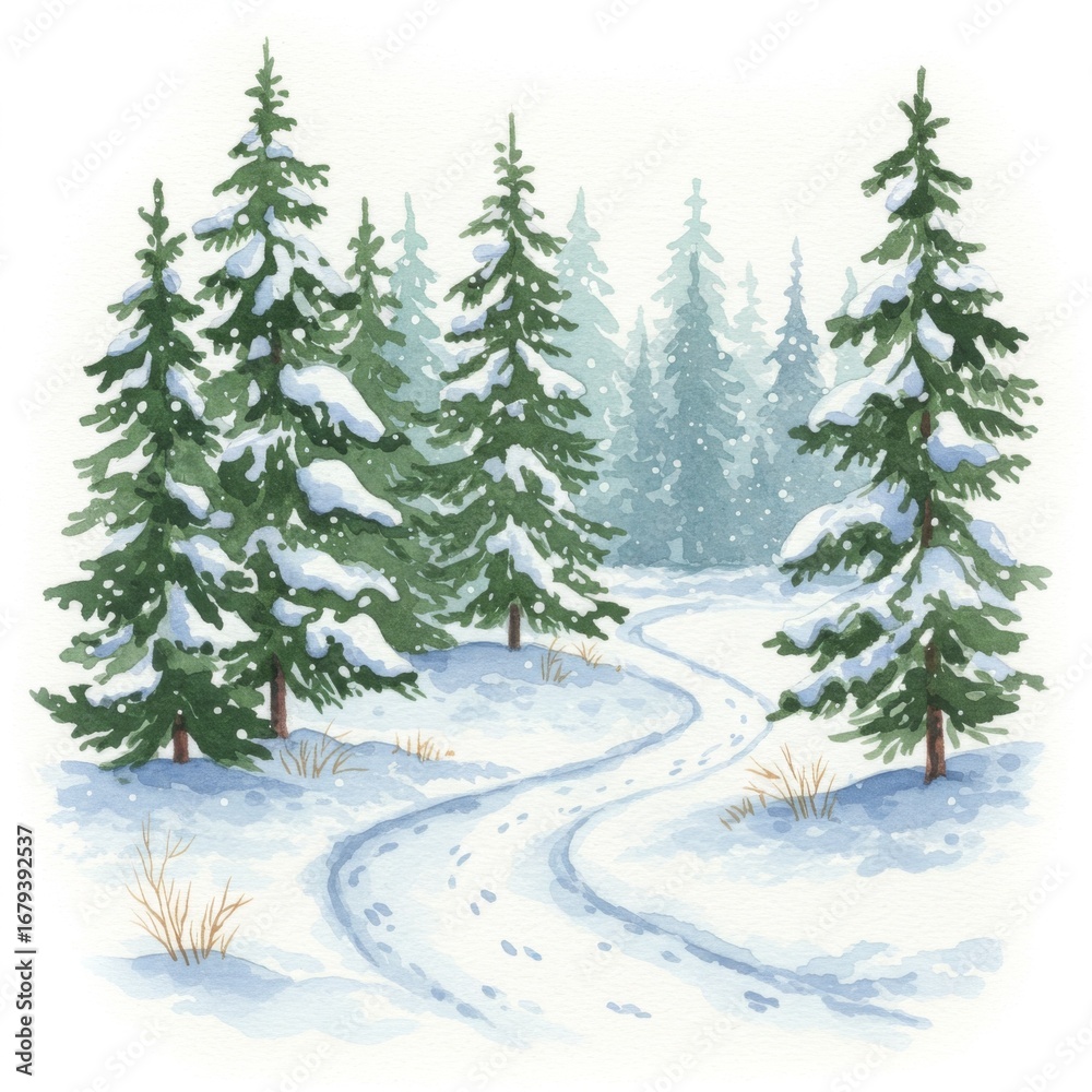 Naklejka premium Winter Forest Scene with Snow Covered Trees and Path in Watercolor Illustration
