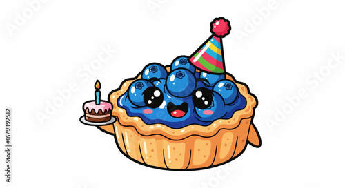 Cute Blueberry Pie Character Celebrating Birthday with Cake and Party Hat.