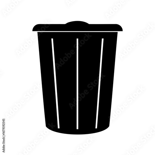 A simple illustration of a solid black trash can with a lid