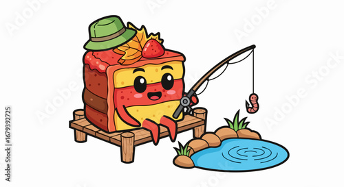 Cartoon cake character fishing at a pond, enjoying leisure time.