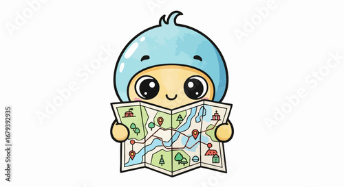 Cartoon character with a map planning a journey to explore.