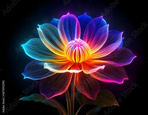 Flower Silhouette Glowing with Neon Rainbow