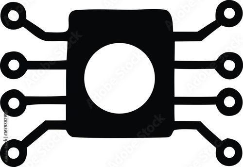 Stylized silhouette of a microchip with six connectors representing modern electronics and technological advancement