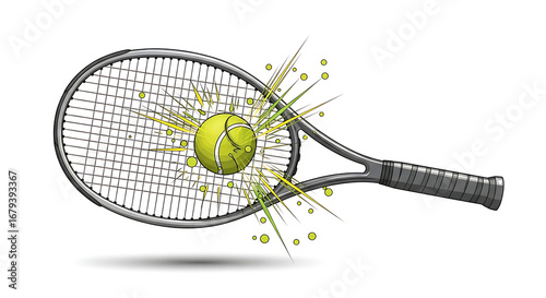 Detailed Handdrawn Tennis Ball Hitting Racket Action Sports Illustration