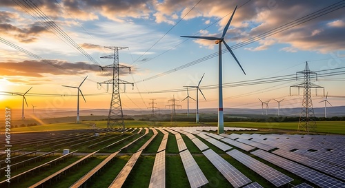 Renewable Energy Landscape Wind Turbines, Solar Panels, and Power Lines at Sunset