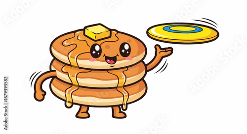 Playful Pancake Cartoon Character Tossing a Frisbee with Syrup and Butter.