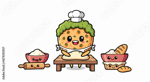Cartoon bread character baking dough with flour and rolling pin.