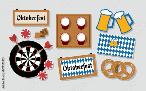 Flat lay illustration of oktoberfest elements with beer and pretzels