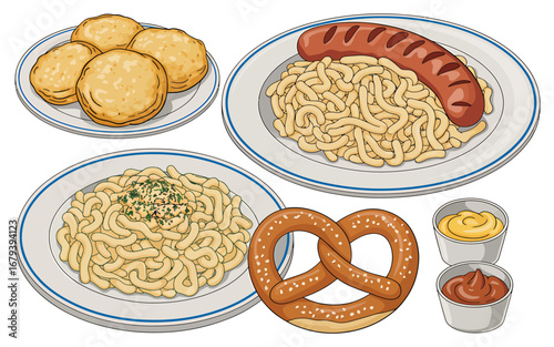 Digital illustration showcasing a variety of traditional german food and dishes