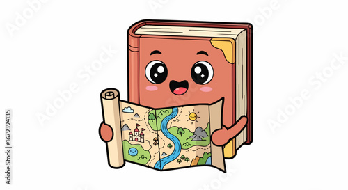 Cartoon Book Character with Map Ready for Adventure.