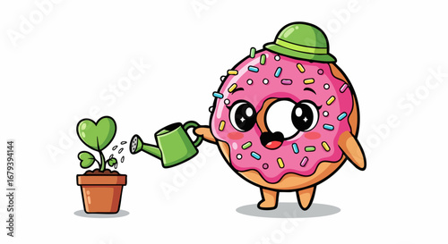 Cute donut character watering heart shaped plant with watering can.