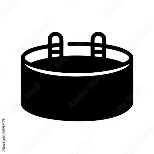 Elevated view of a black aboveground swimming pool with ladder access