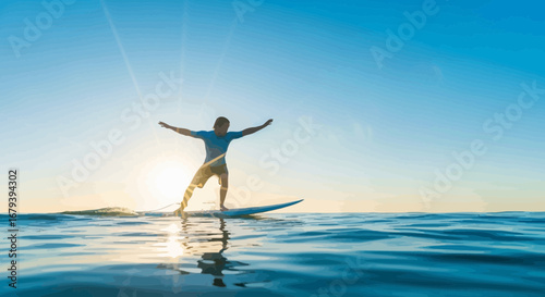 Spectacular view of a surfer balancing on a surfboard gracefully on the ocean